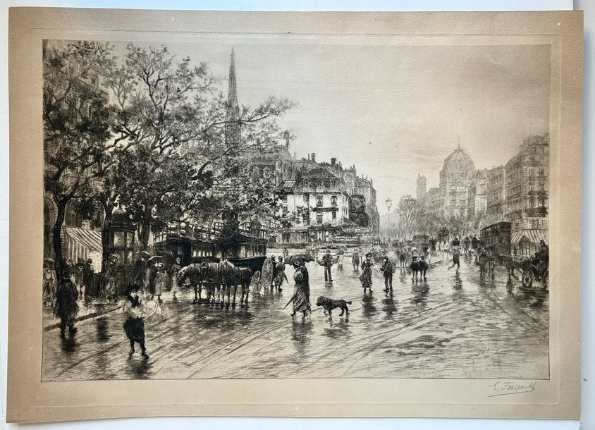 Artwork by Gustave Fraipont, Entrée de la Cité, vue du pont Saint-Michel, Made of Etching and drypoint engraving