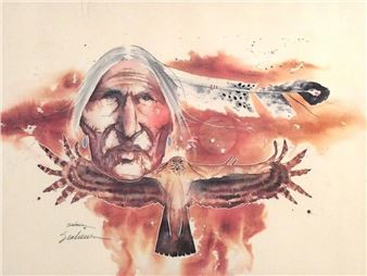 Lithograph of a work featuring a Native American and eagle by Bert D. Seabourn for the White Buffalo Gallery from 1977 - Bert Dail Seabourn