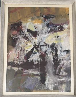 An abstract expressionist painting featuring chaotic brushstrokes and a muted earthy palette.