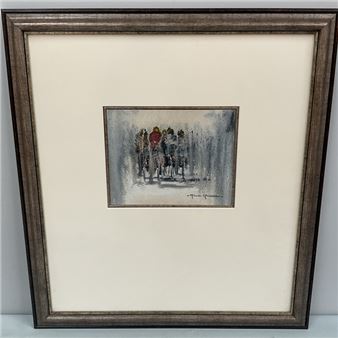 A framed watercolor painting of a group of figures in a snowy landscape.