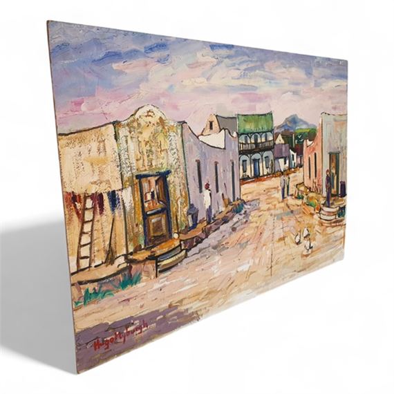UNFRAMED OIL ON BOARD PAINTING OF A RURAL STREET SCENE - Hugo Myburgh