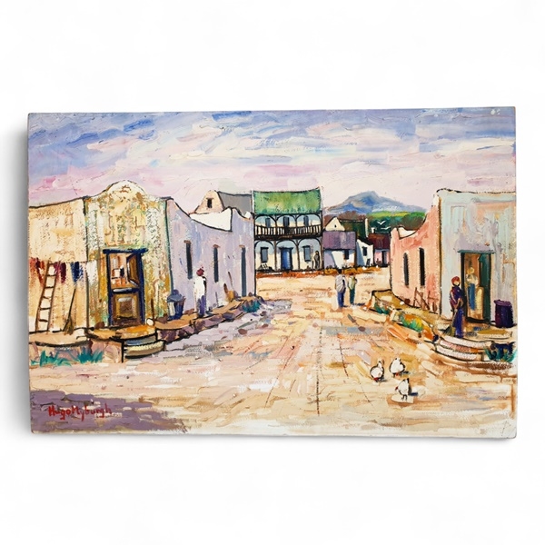 Artwork by Hugo Myburgh, UNFRAMED OIL ON BOARD PAINTING OF A RURAL STREET SCENE, Made of Oil on board