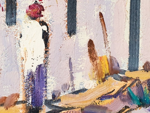 Artwork by Hugo Myburgh, UNFRAMED OIL ON BOARD PAINTING OF A RURAL STREET SCENE, Made of Oil on board