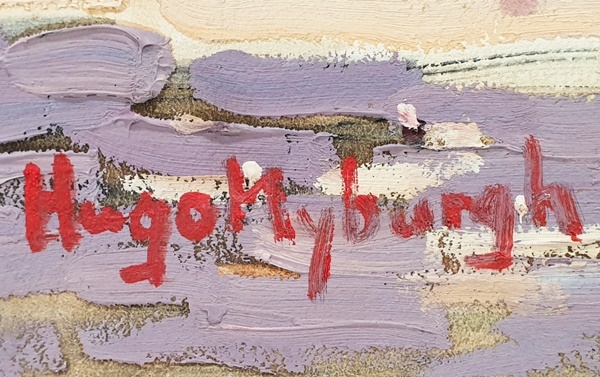 Artwork by Hugo Myburgh, UNFRAMED OIL ON BOARD PAINTING OF A RURAL STREET SCENE, Made of Oil on board