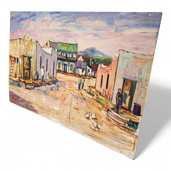 Artwork by Hugo Myburgh, UNFRAMED OIL ON BOARD PAINTING OF A RURAL STREET SCENE, Made of Oil on board