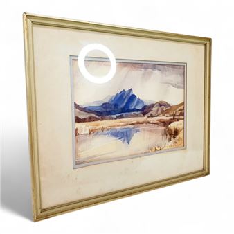 LOVELY WOODEN FRAMED WATERCOLOR PAINTING OF A MOUNTAIN LANDSCAPE SIGNED BY ROWENA BUSH BEHIND GLASS - Rowena Bush