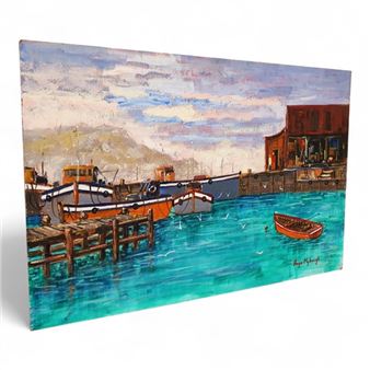 UNFRAMED OIL ON BOARD PAINTING OF BOATS AT A DOCK - Hugo Myburgh
