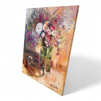 A vibrant floral still life on a wooden canvas featuring a colorful bouquet in a glass vase.