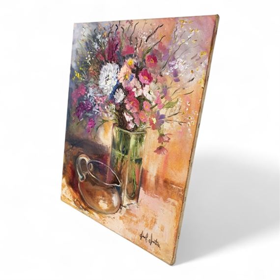 BEAUTIFUL UNFRAMED OIL ON CANVAS STILL LIFE OF FLOWERS PAINTING - Jenny Jooste