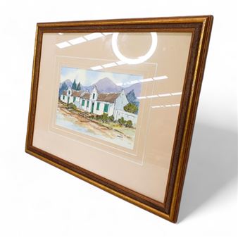 GILT FRAMED WATER COLOURED PAINTING OF A CAPE DUTCH HOUSE - Stef Madden