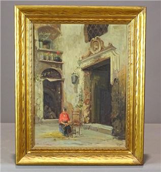 street scene with woman caning chair - Henry Ravell