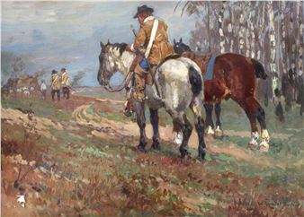 A painting of a man riding on the back of a horse.