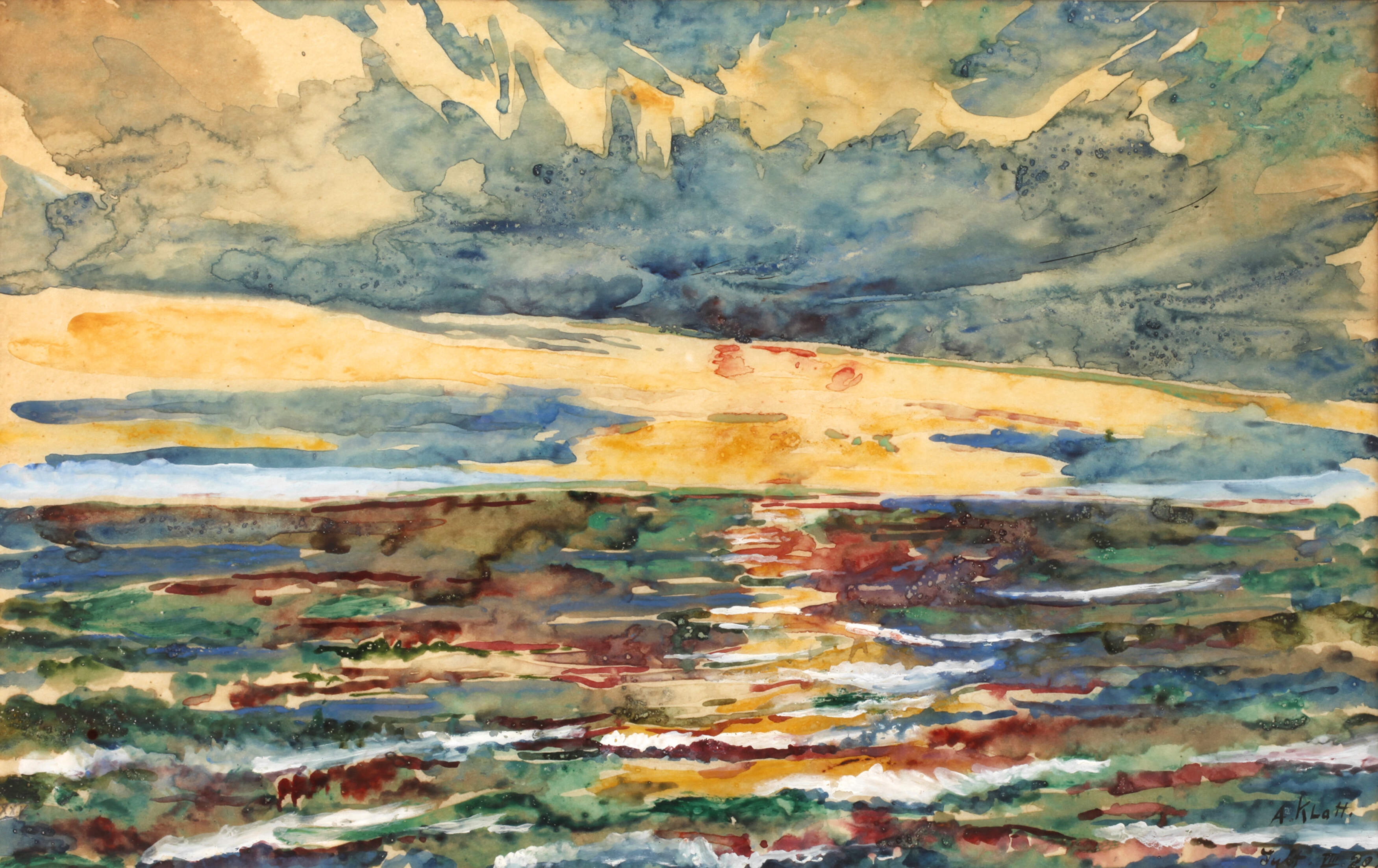 Artwork by Albert Klatt, Sonnenuntergang auf Sylt, Made of Mischtechnik (Aquarell und Gouache) auf Papier