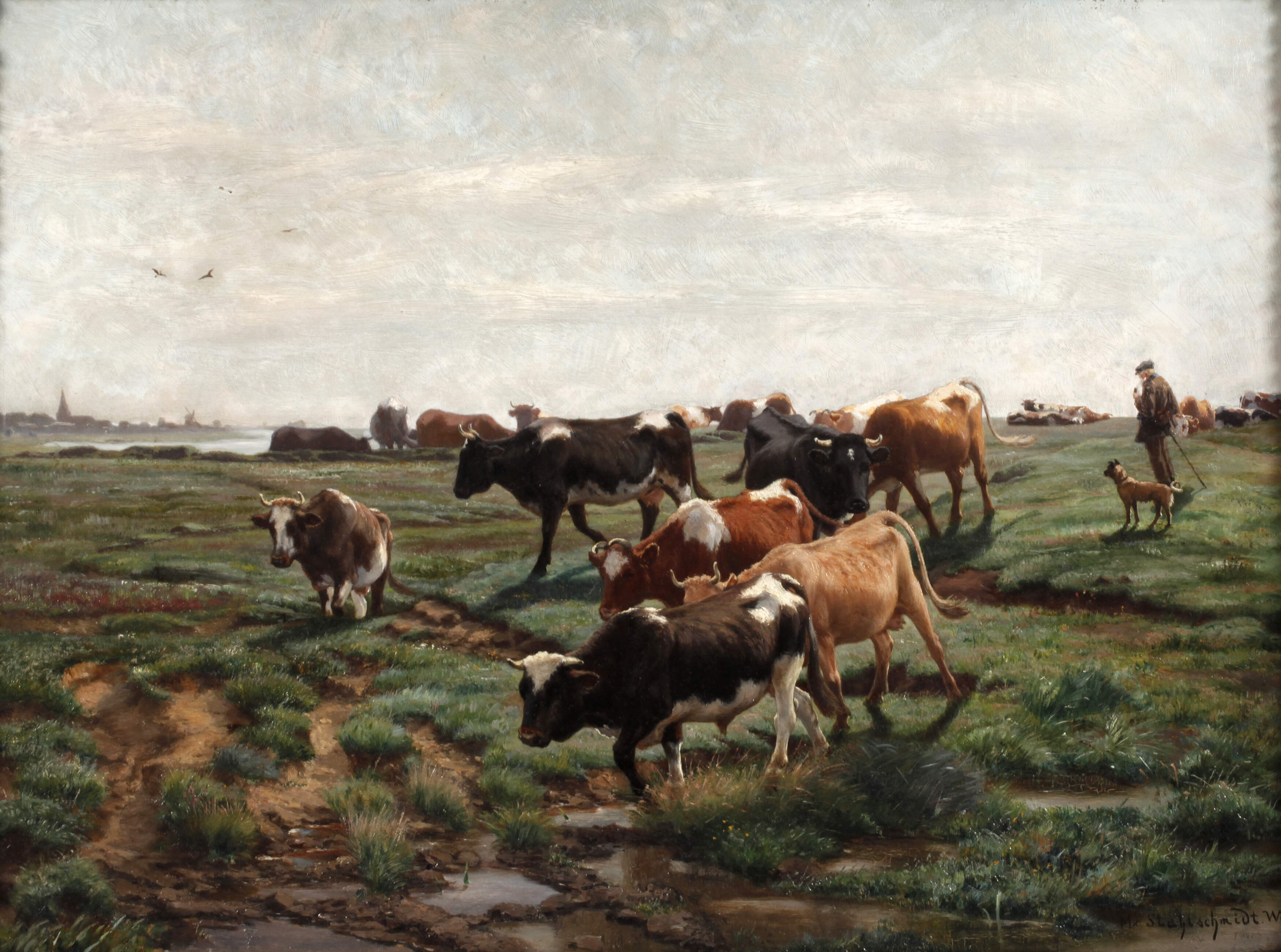 Artwork by Max Stahlschmidt, Kühe im Warnowmoor, Made of Öl auf gesperrter Holzplatte