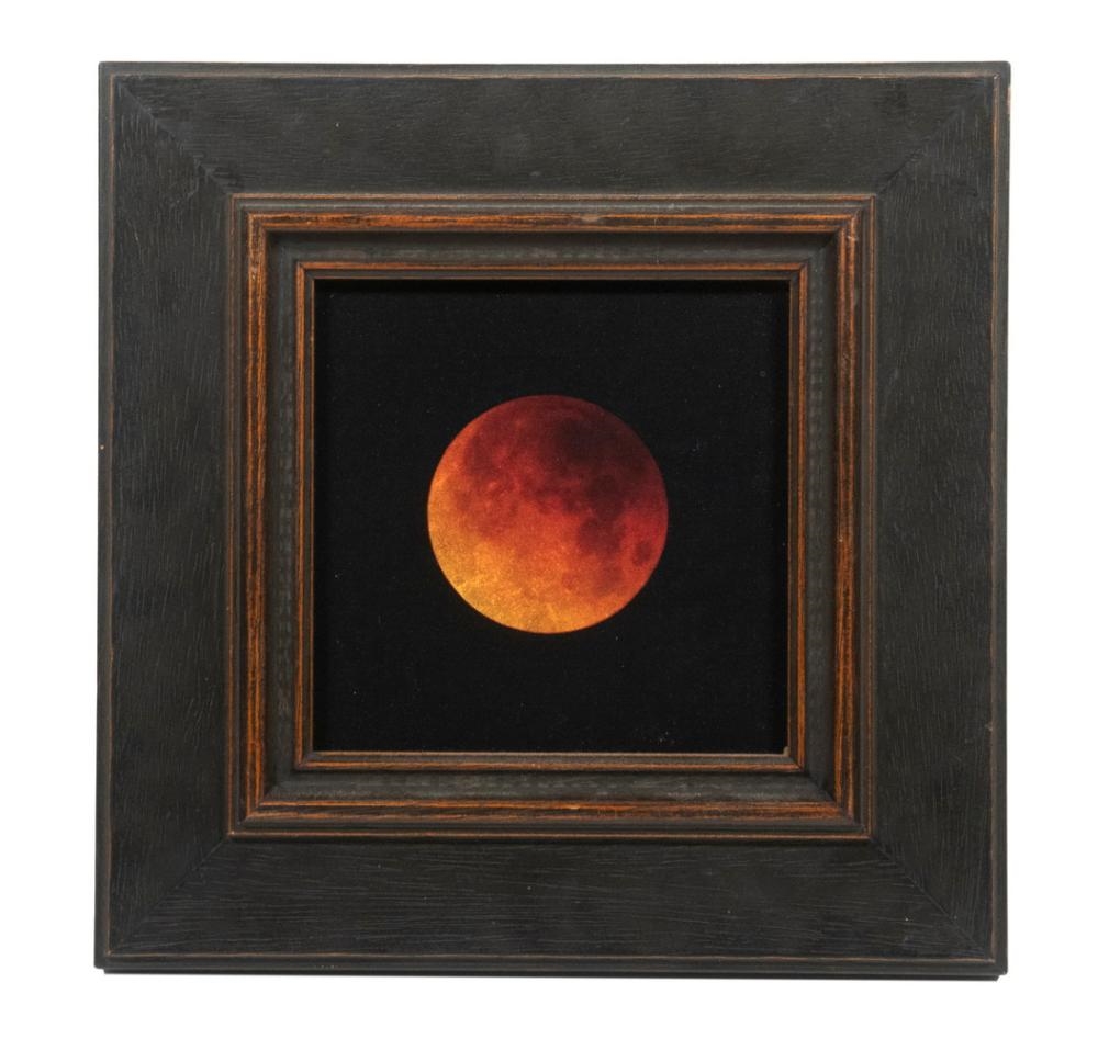 Artwork by Kate Breakey, Lunar Eclipse, Jan, 2018, Tucson, AZ, Blood Moon, Made of orotone print on glass with hand painted 24K gold leaf