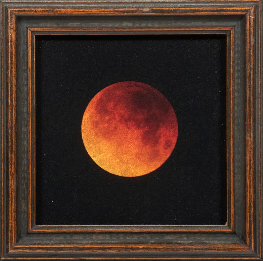 Artwork by Kate Breakey, Lunar Eclipse, Jan, 2018, Tucson, AZ, Blood Moon, Made of orotone print on glass with hand painted 24K gold leaf