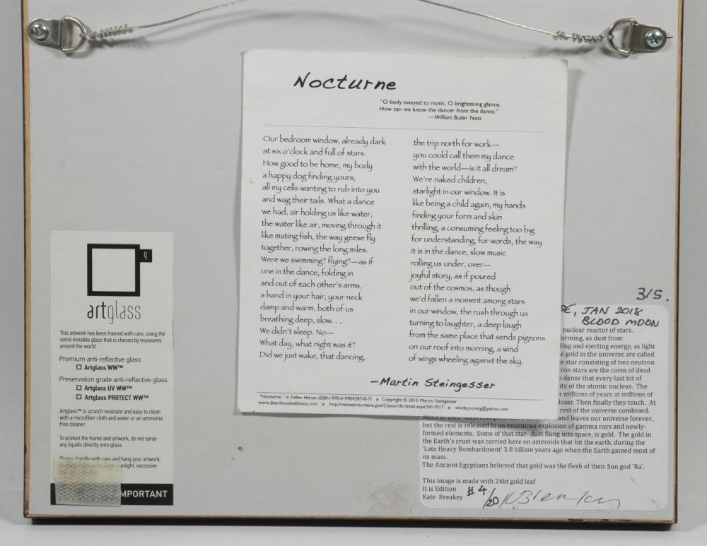 Artwork by Kate Breakey, Lunar Eclipse, Jan, 2018, Tucson, AZ, Blood Moon, Made of orotone print on glass with hand painted 24K gold leaf