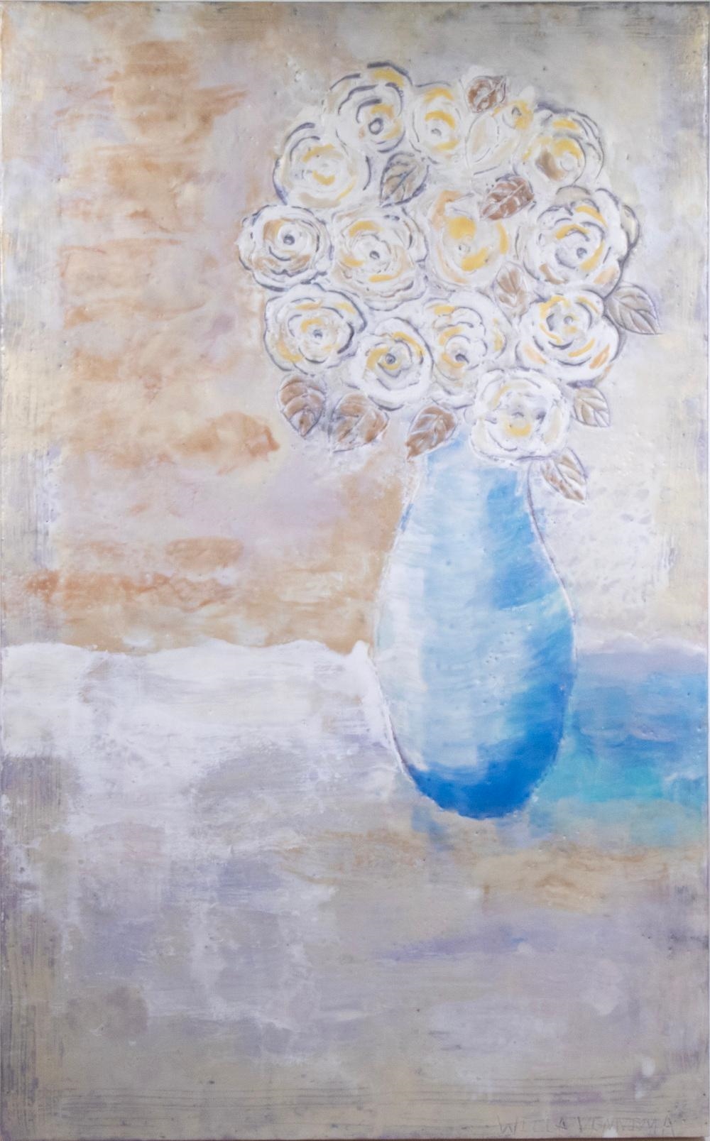 Artwork by Willa Vennema, White Roses, Made of encaustic on panel