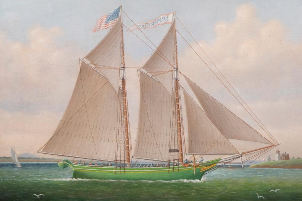 Artwork by Percy Sanborn, Schooner J.P. Merriam, Belfast, Capt. Isaac Clark, Master, 1872, Made of oil on canvas