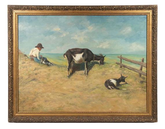 Hersman with Two Goats and His Dog in dunes above the ocean - Peter Koch