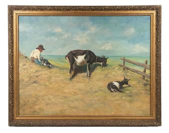 Hersman with Two Goats and His Dog in dunes above the ocean - Peter Koch