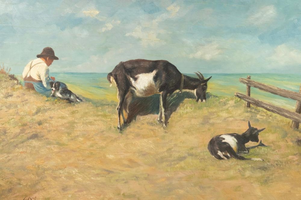 Artwork by Peter Koch, Hersman with Two Goats and His Dog in dunes above the ocean, Made of oil on panel