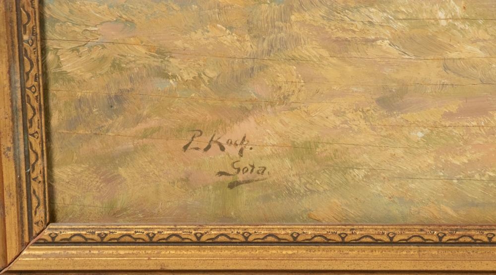 Artwork by Peter Koch, Hersman with Two Goats and His Dog in dunes above the ocean, Made of oil on panel