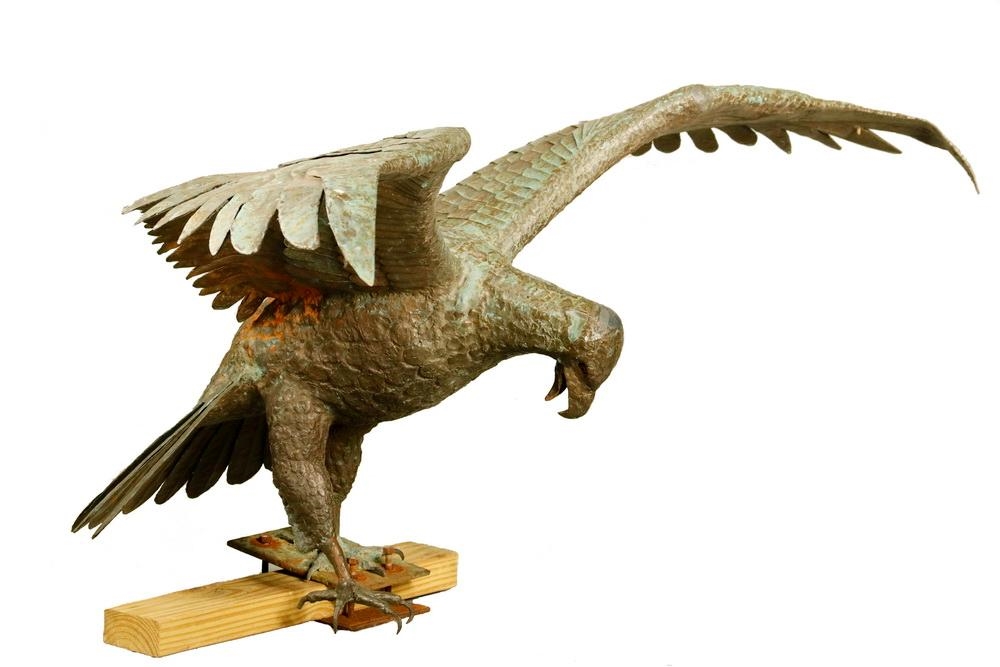 Artwork by Gordon Brott, American Eagle Attacking, Made of cast bronze with applied patinated copper wing feathers