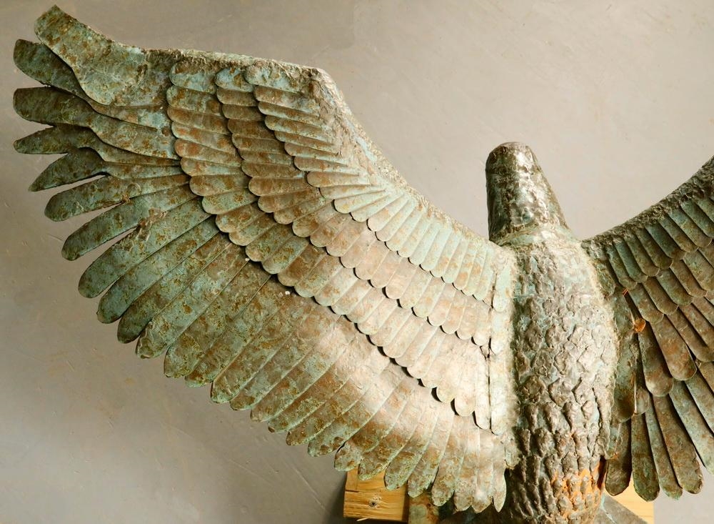 Artwork by Gordon Brott, American Eagle Attacking, Made of cast bronze with applied patinated copper wing feathers