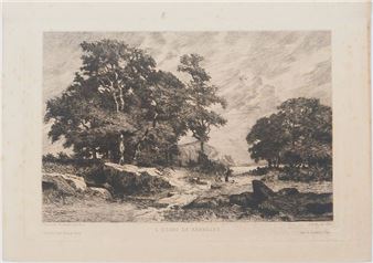 A black and white drawing of a wooded landscape with trees and rocks.
