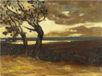 A landscape with windswept trees under a cloudy sky - Edwin Nichol