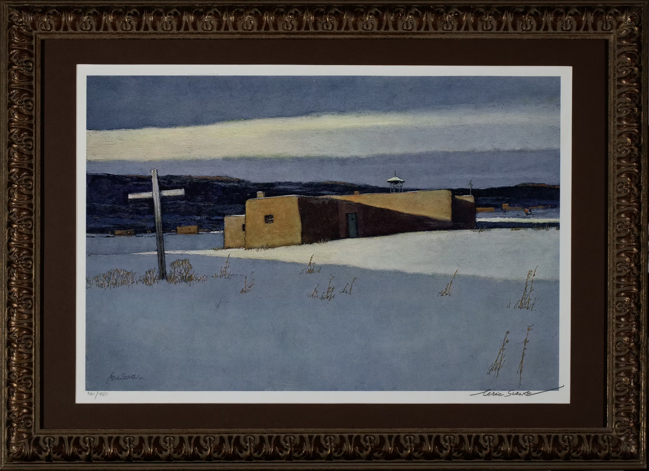 Artwork by Eric Sloane, Traditional New Mexican winter scene, Made of Lithograph