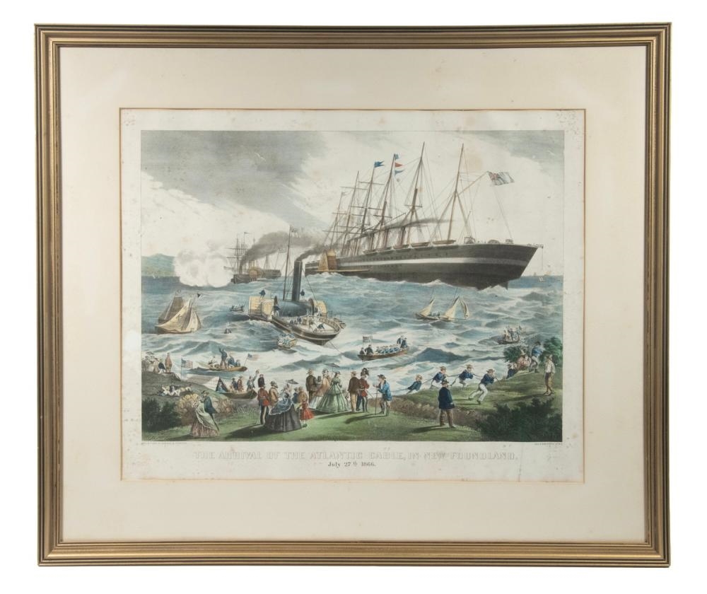 Artwork by F. Fuchs, ARRIVAL OF TRANSATLANTIC CABLE, 1866, Made of hand colored litho