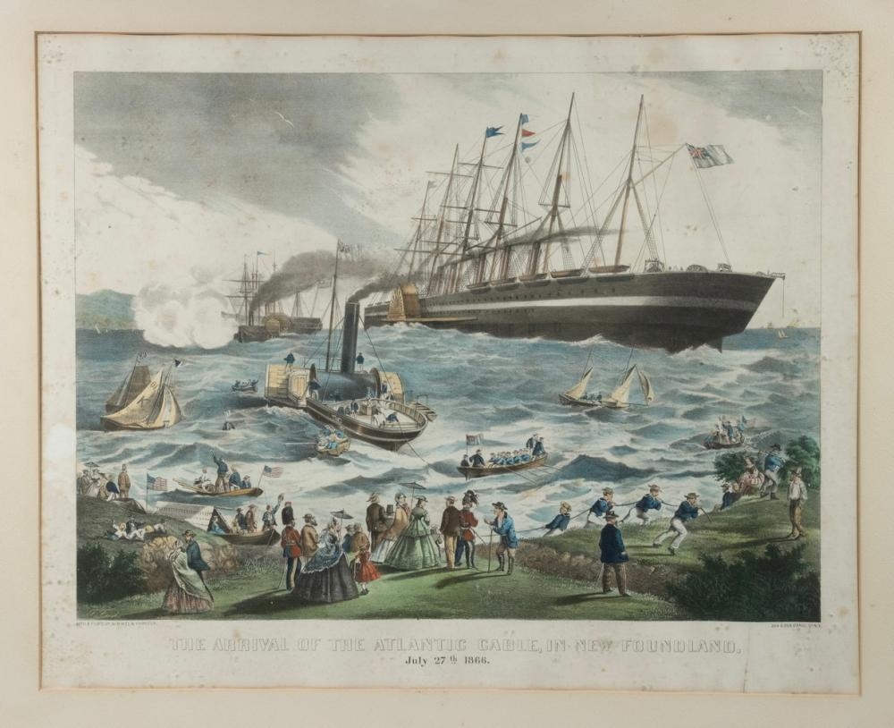 Artwork by F. Fuchs, ARRIVAL OF TRANSATLANTIC CABLE, 1866, Made of hand colored litho