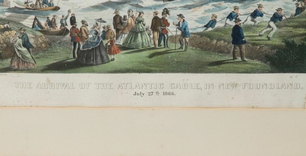 Artwork by F. Fuchs, ARRIVAL OF TRANSATLANTIC CABLE, 1866, Made of hand colored litho