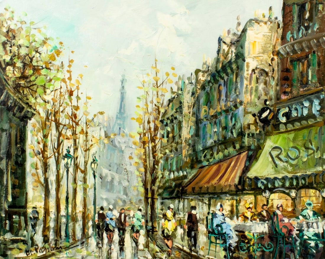 マリオ・パッソーニ作 「Café De Paris」(油絵) マリオ・パッソーニ作 「Café De Paris」(油絵) Mario Passoni