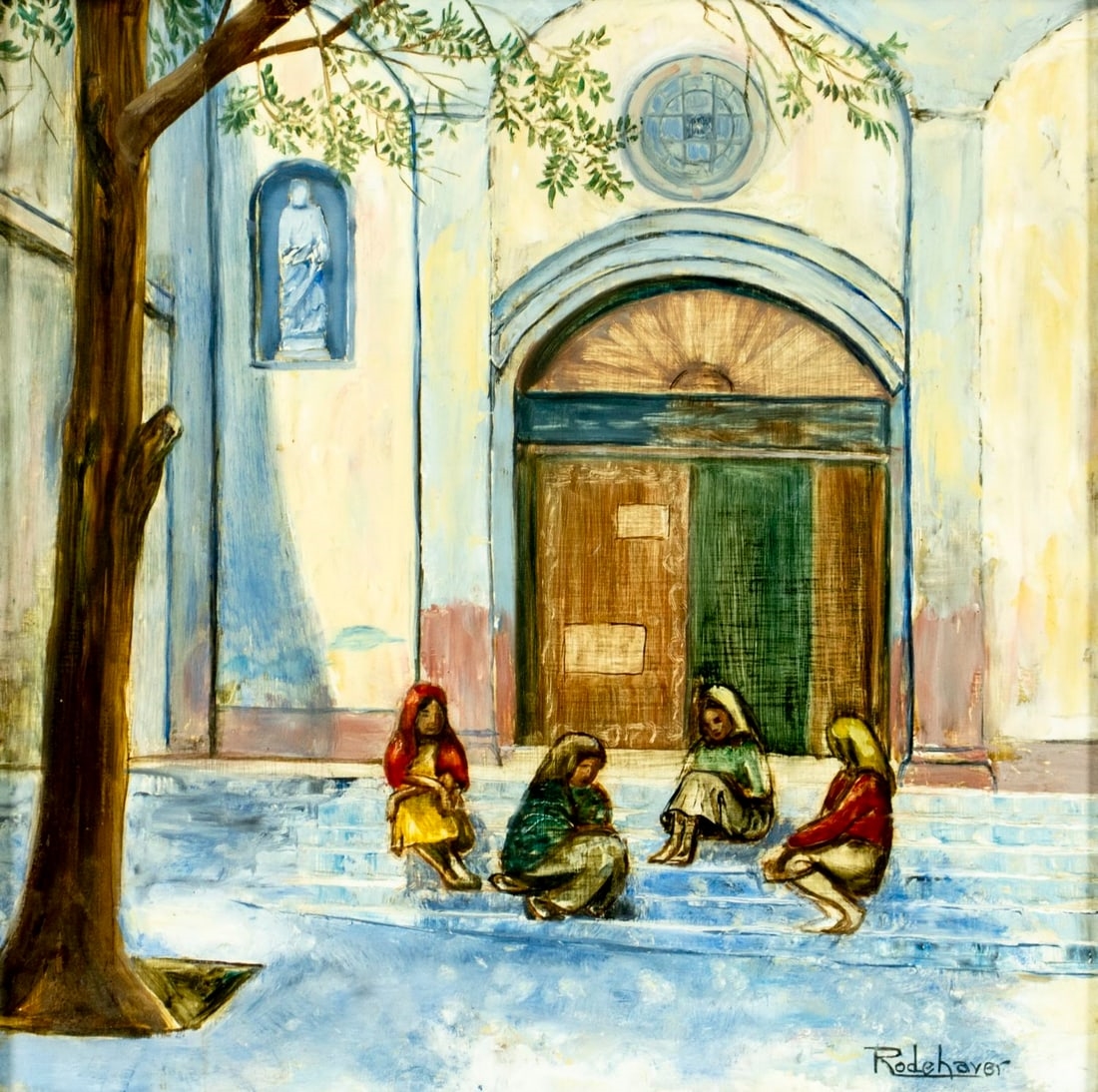 Artwork by Gladys Rodehaver, El Paso Cathedral Scene, Made of oil on board