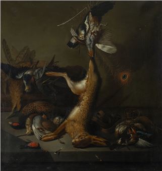 A still life arrangement of dead game birds and a hare posed dramatically on a dark surface.