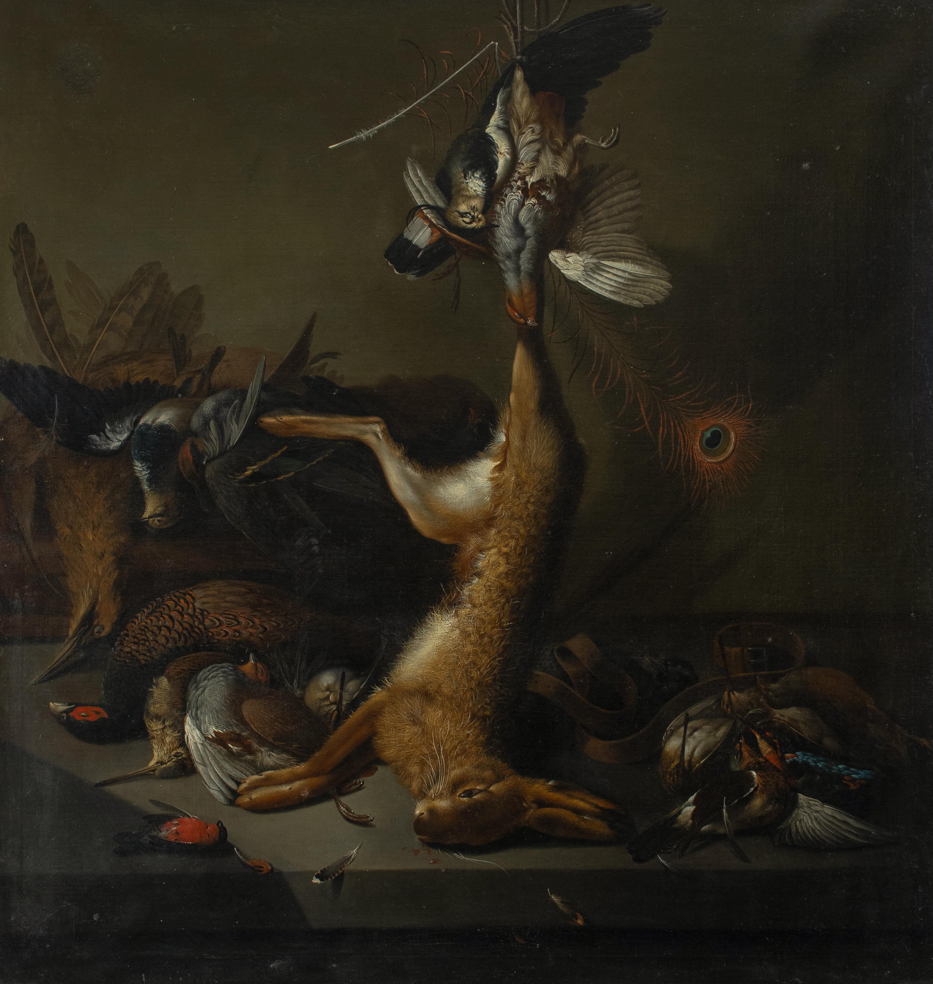 A still life arrangement of dead game birds and a hare posed dramatically on a dark surface.