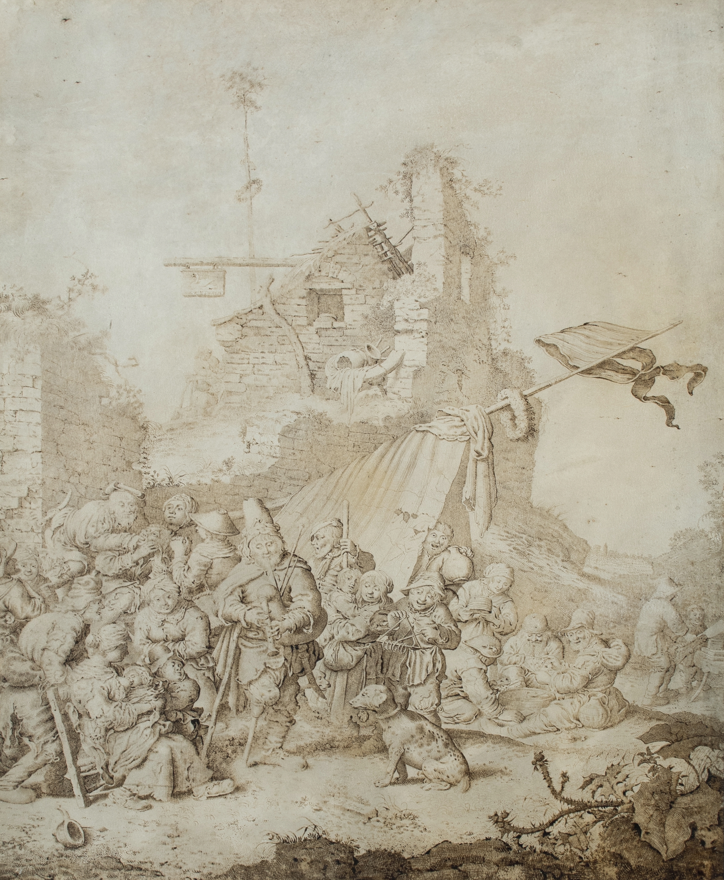 Artwork by Gerrit Adriaensz. De Heer, A bagpiper playing for villagers before the ruins of an inn, Made of Pen and brown ink on vellum