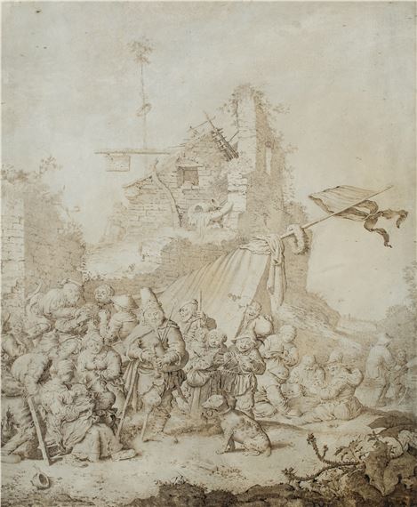 A bagpiper playing for villagers before the ruins of an inn - Gerrit Adriaensz. De Heer