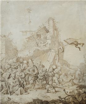 A bagpiper playing for villagers before the ruins of an inn - Gerrit Adriaensz. De Heer