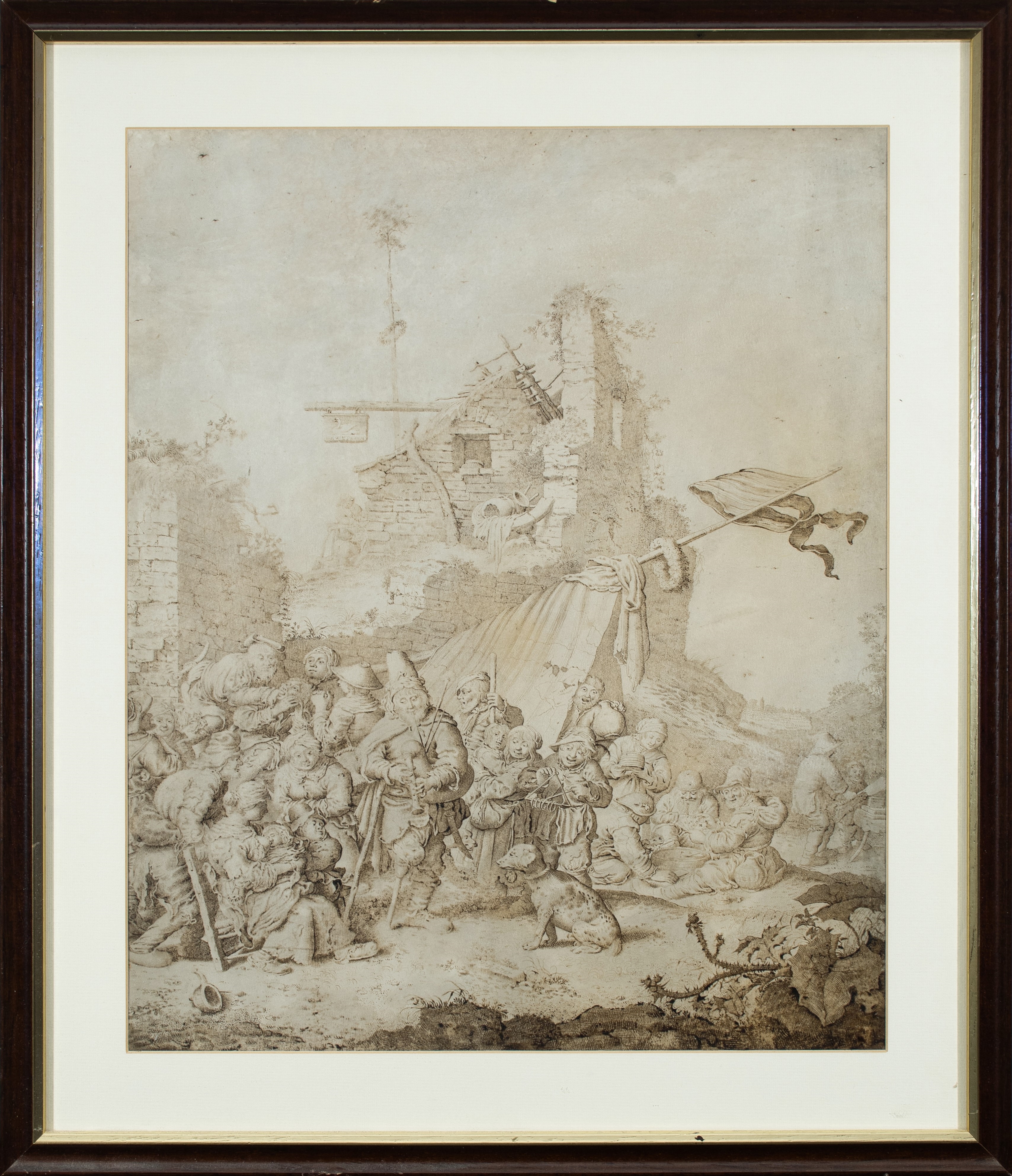 Artwork by Gerrit Adriaensz. De Heer, A bagpiper playing for villagers before the ruins of an inn, Made of Pen and brown ink on vellum