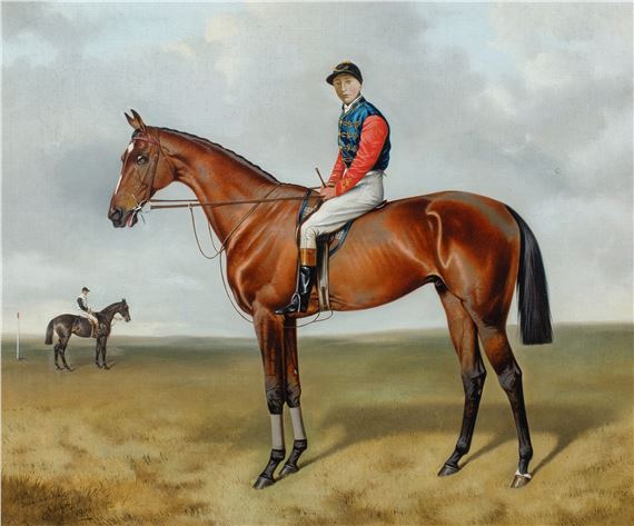 A formal portrait of a jockey on horseback in a vast, open landscape.