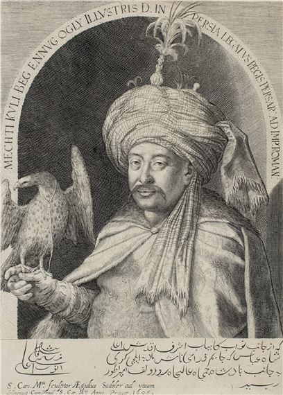 A drawing of a man holding a bird in his hand.