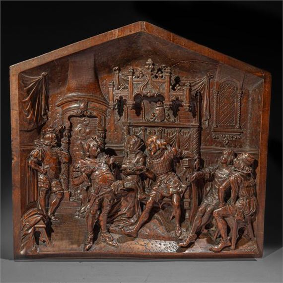 Important panneau en noyer sculpté en ronde-bosse d'une scène de cour - Victor Aimone