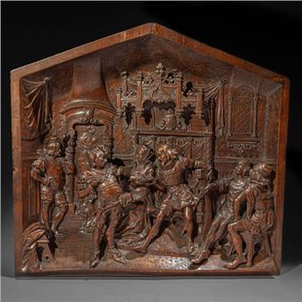 Important panneau en noyer sculpté en ronde-bosse d'une scène de cour - Victor Aimone