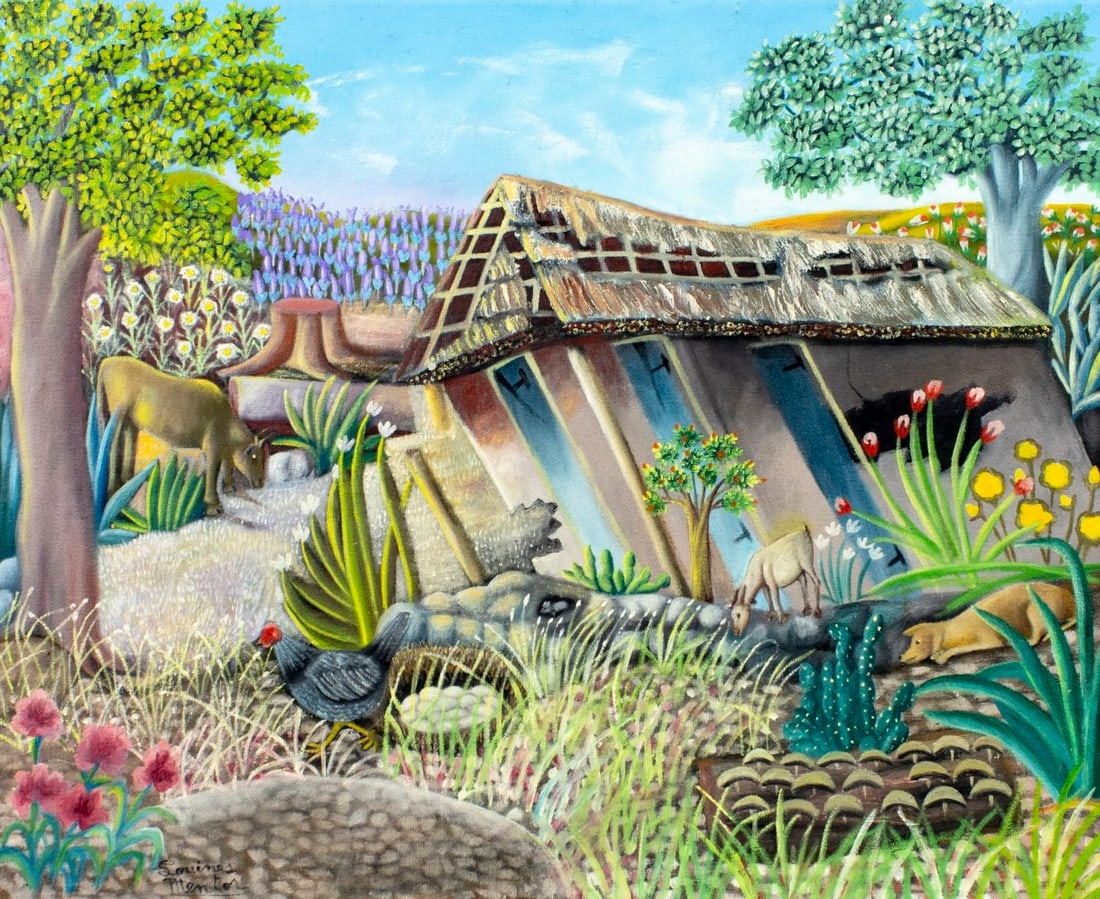 Artwork by Louines Mentor, Haitian Village Landscape with Animals, Made of oil on canvas