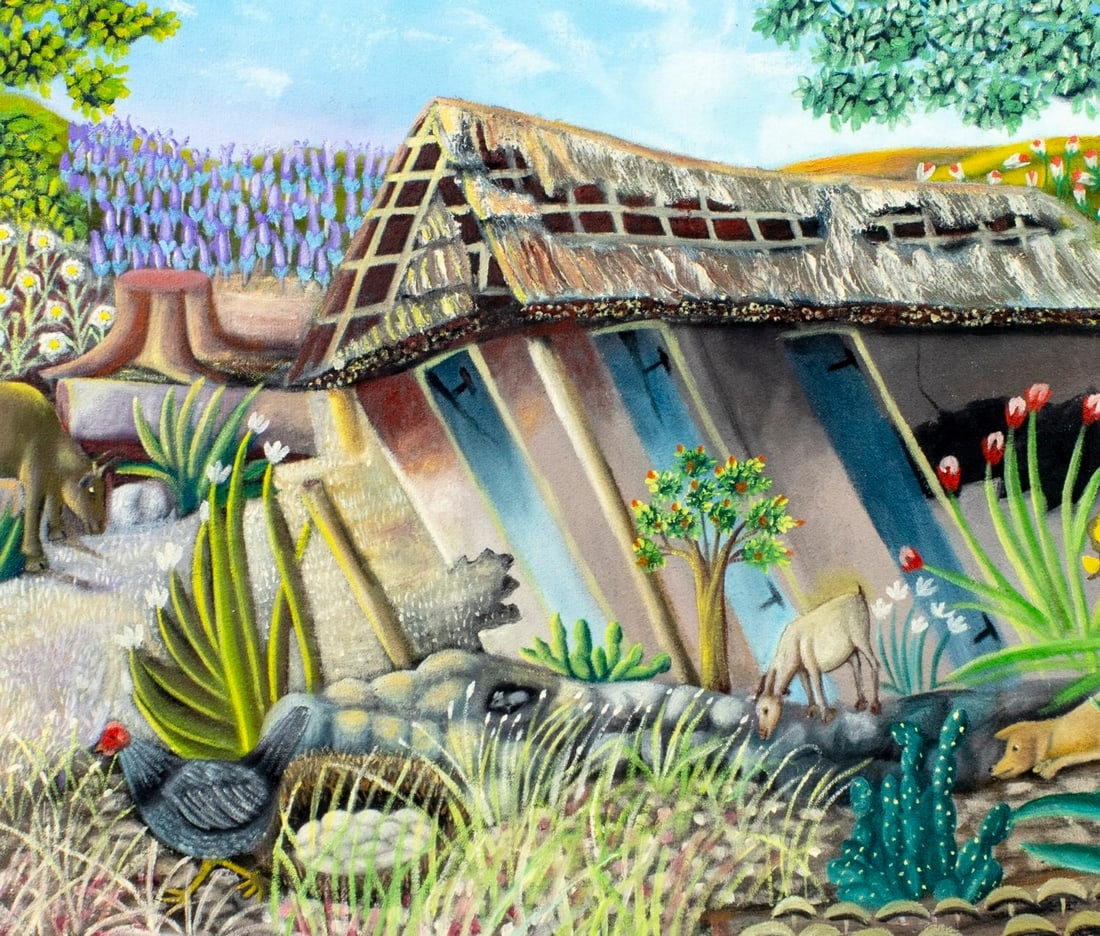 Artwork by Louines Mentor, Haitian Village Landscape with Animals, Made of oil on canvas