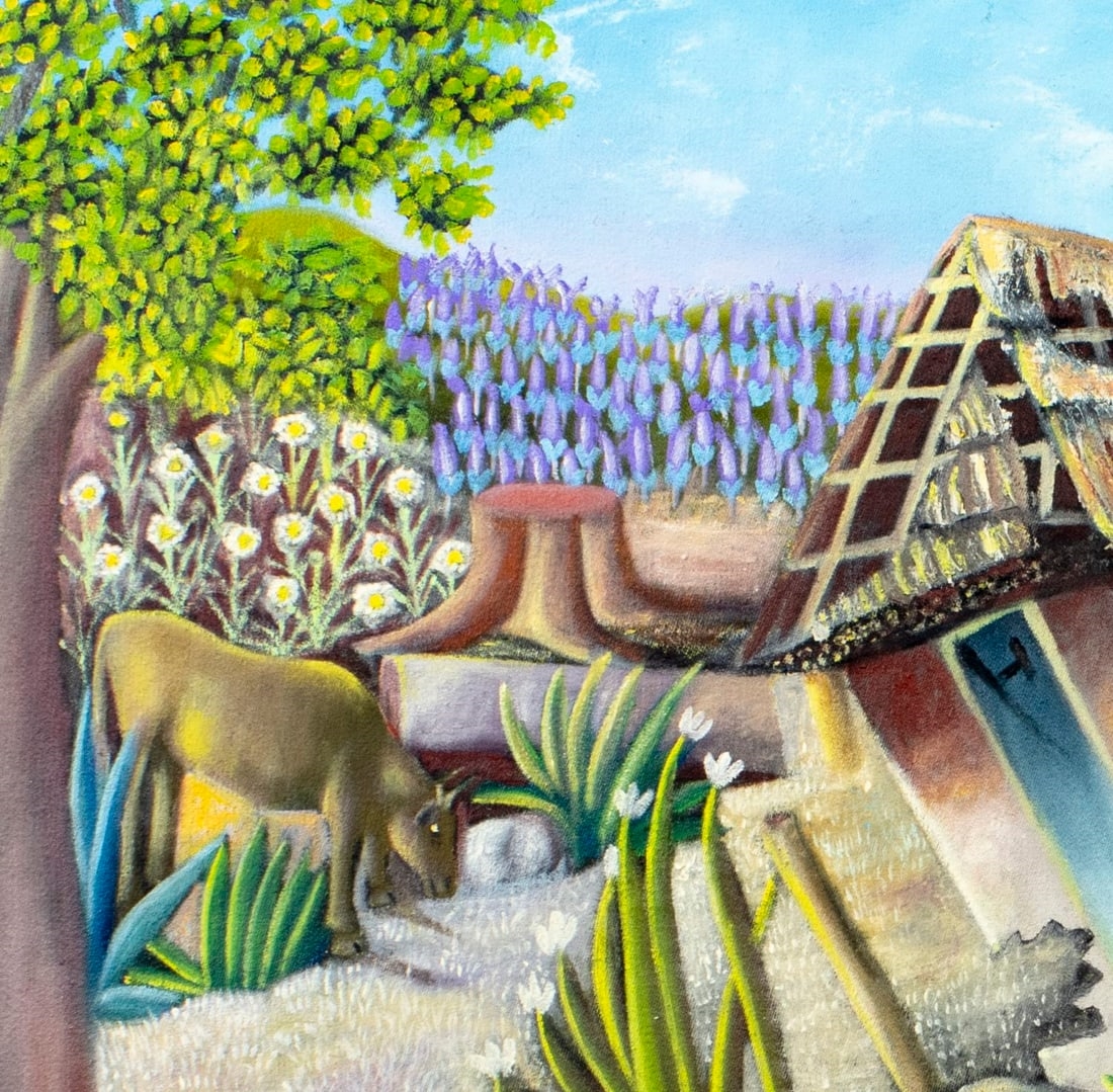 Artwork by Louines Mentor, Haitian Village Landscape with Animals, Made of oil on canvas